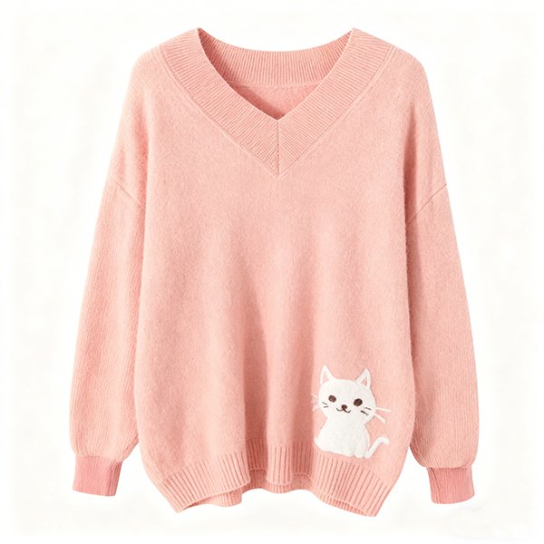 Women's Oversized Loose-Fit V-Neck Wool Sweater - Long-Sleeve Soft Warm Casual