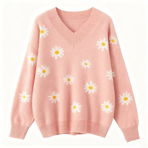 Women's Oversized V-Neck Wool Sweater - Long-Sleeve, Loose-Fit, Soft Warm Casual Pullover